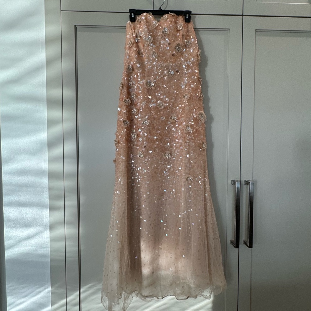 Sequin Floral Applique Strapless Gown